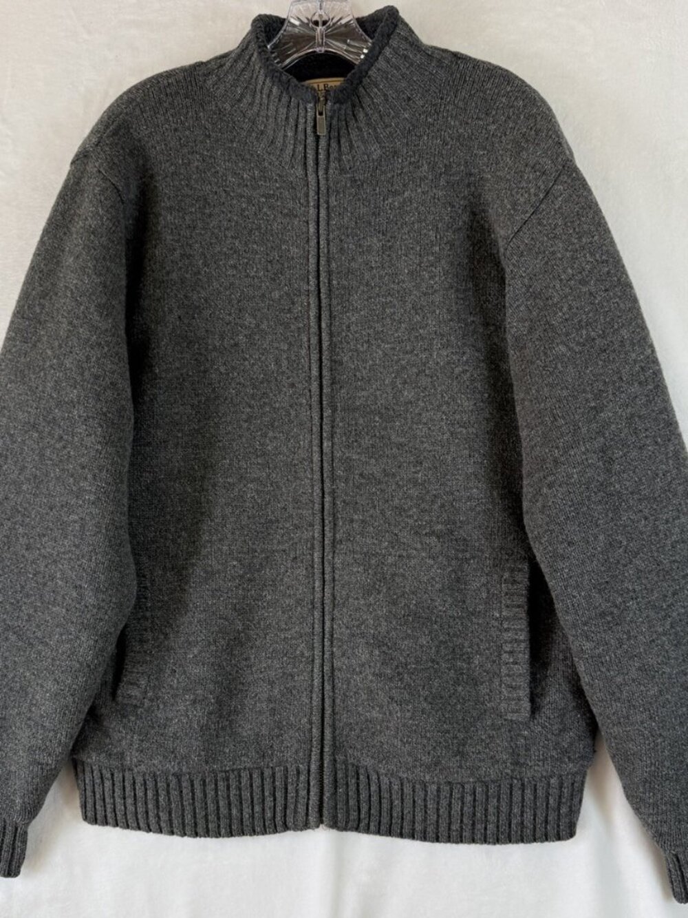 LL Bean Sweater Jacket Medium Mens Gray Lambs Wool Sherpa Fleece Lined Full Zip